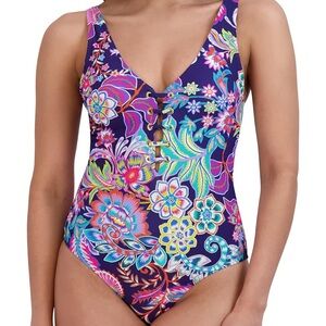 BCBGMAXAZRIA Blue Floral Lace Up One Piece Swimsuit Size Small